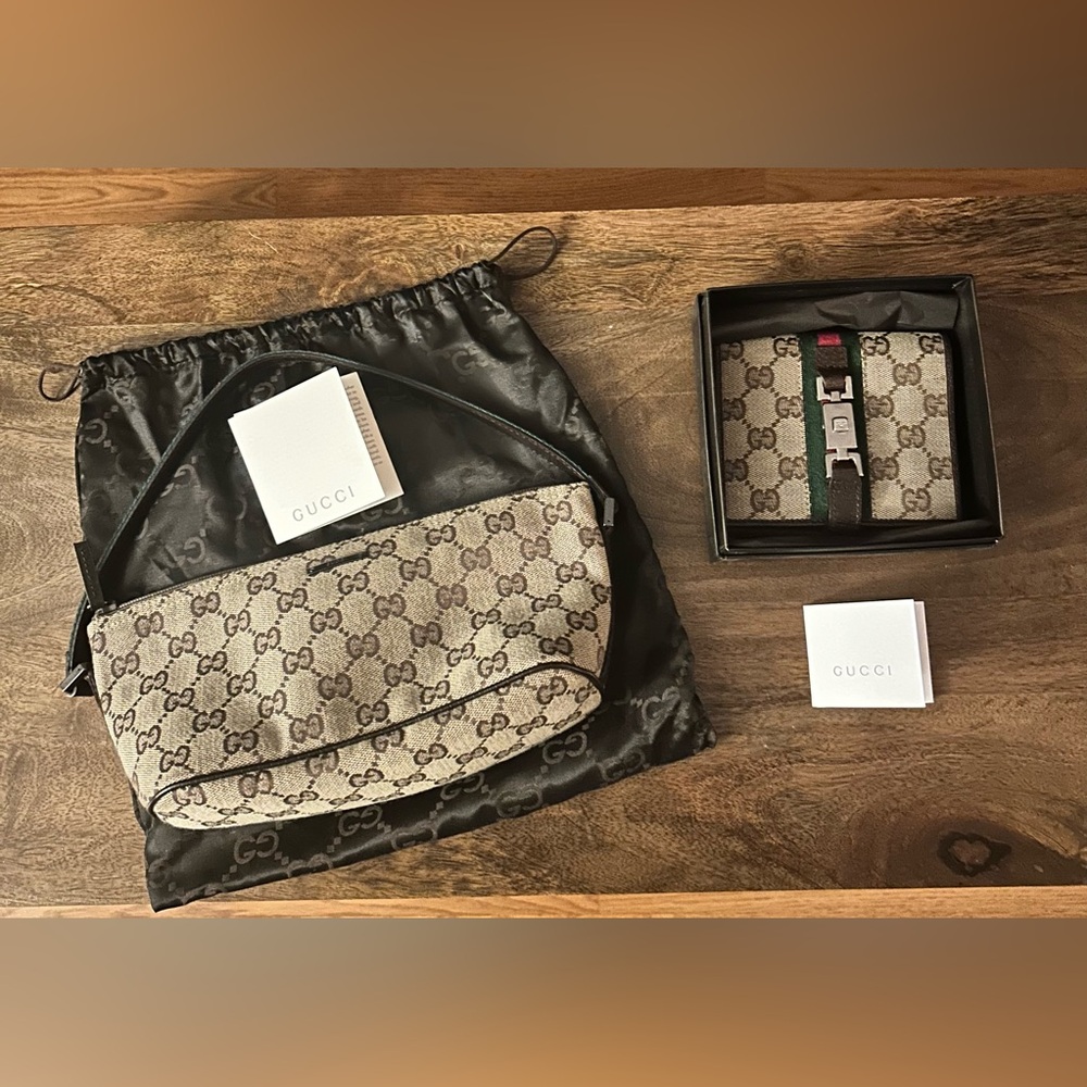 Y2K GUCCI Pochette Boat Shoulder Monogram Canvas Bag Dust Bag Matching Wallet
